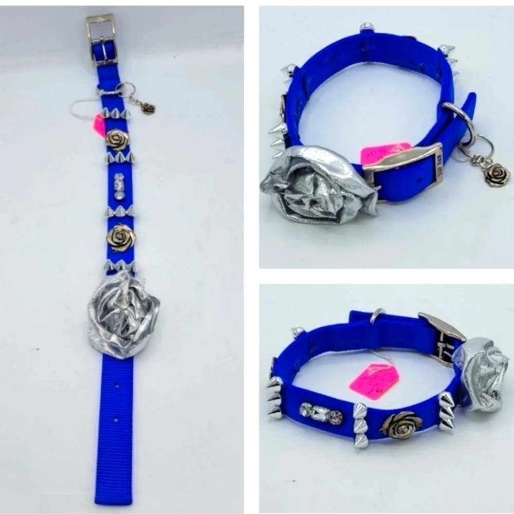 Top Paw Customized Dog Collar TALK TO THE PAW Blue Silver Flower Bling S…